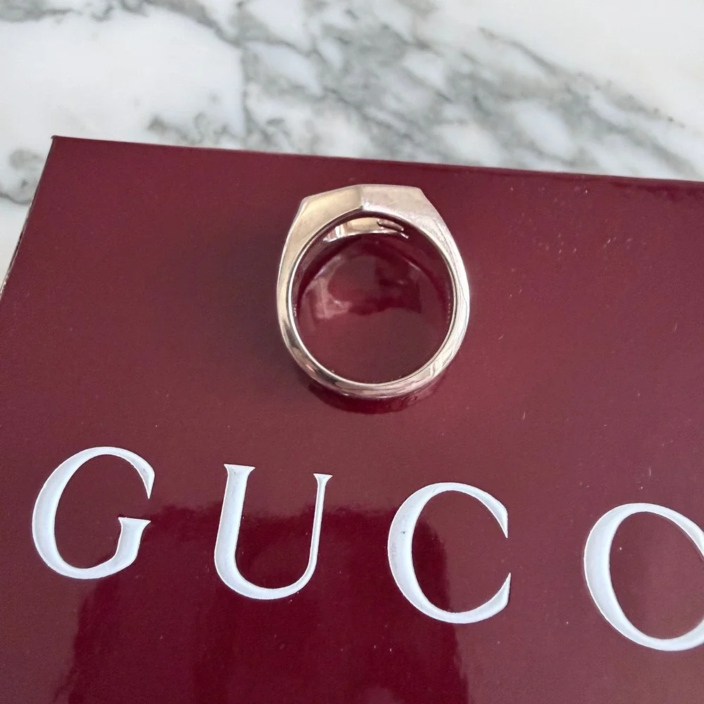 Gucci Sterling Silver Hexagon G Logo Ring Made in Italy Statement Band size 15